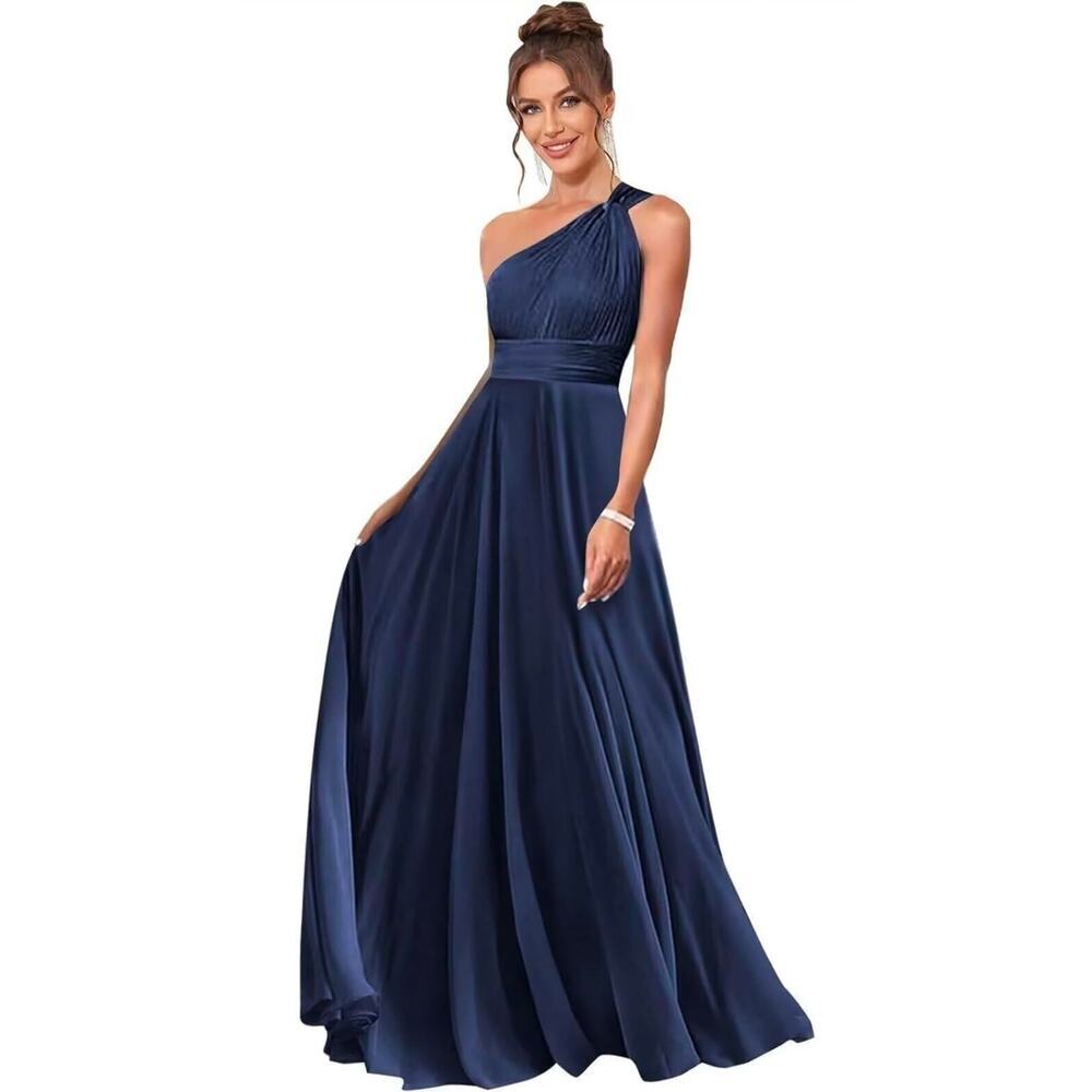 Athenian one shoulder formal chiffon navy blue dress Size 6 Bridesmaid Prom